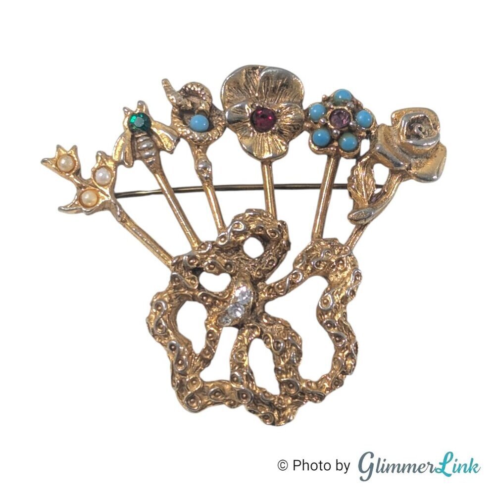 Vintage Victorian Revival Stick Pin Cluster Brooch Floral Bee Design 1960s